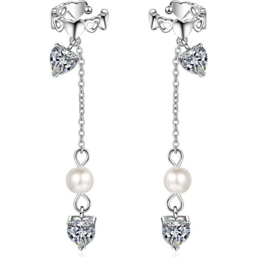 Trendy Non Pierced 925 sterling silver Earrings Heart Crystal Pearl Long Ear Clips Tassel Ear Line Jewelry for Women Girl