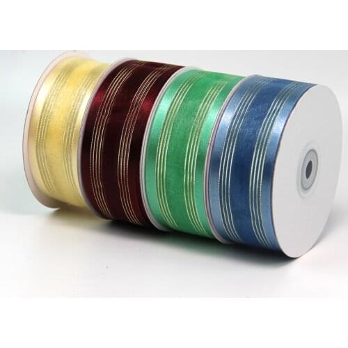 38MM X 100yards Nylon Satin Edges Organza Ribbon W/ Gold Lurex Lines Wedding Party High Quality Craft Lace 8 Colors Available