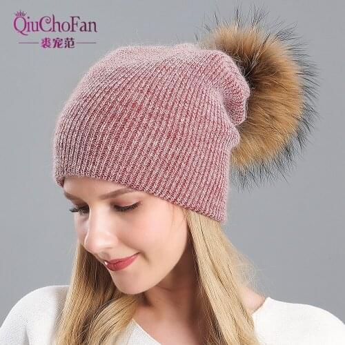 New Womens Hat Winter Beanie Knitted Hat Angola Rabbit Fur Bonnet Girl 's Hat Fall Female Cap With Fur Pom Pom