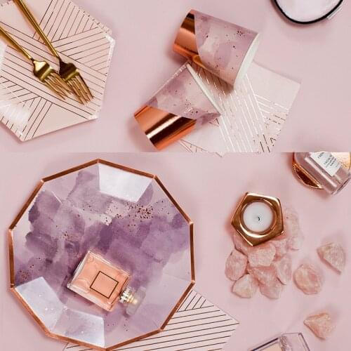 Pink Purple Bronzing Rose Gold Pink Party Picnic Disposable Paper Plate Napkin Straw Wedding Ceremony Dinner Supplies Tableware