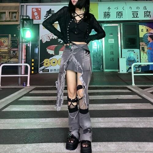 Original Japanese Punk Subculture Hot Girl Irregular Mini Skirt Low Waist Cowboy Hip Hop Sexy Grey Denim Skirt with Leg Cover