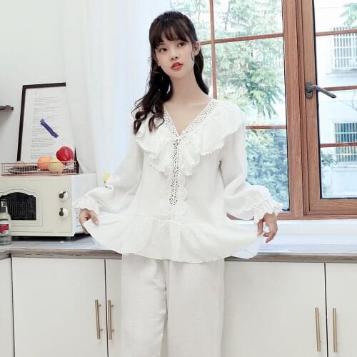 Autumn Womens Pajamas, Casual Lace, Fashionable and Comfortable Cotton Pajamas, Cute White Princess Long-sleeved Sexy Home Wear