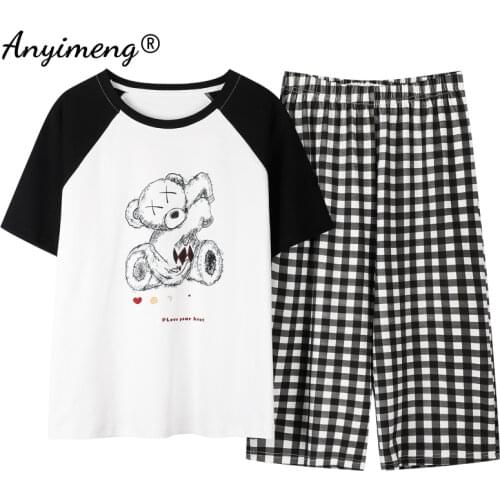 Pijamas Women Summer Cotton Sleepwear Preppy Style Short Sleeved Quarter Pant Two Piece Set Bear Printing Pajamas for Teen Girls