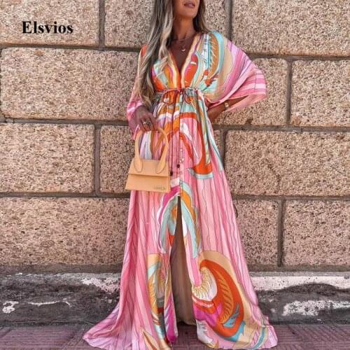 Sexy Deep V Neck Button Print Maxi Dress Women Elegant Drawstring Tie-Up Split Party Dress Spring Summer Loose Beach Long Dress