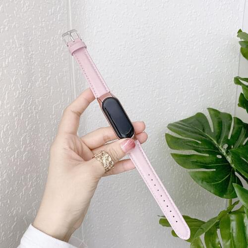 Pink Slim Woman Mi Band 3 4 Strap for Xiaomi Mi Band 5 Bracelet Wristband Bands with Genuine Leather and Metal Frame Accessories