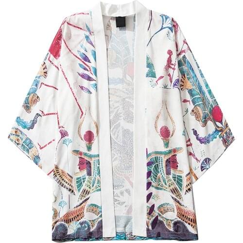 Fashion Japanese Kimono Japanese Men Casual Loose Shirts Open Front 3/4 Sleeve Japanese Style Print Cover Up Cardigan Chemise