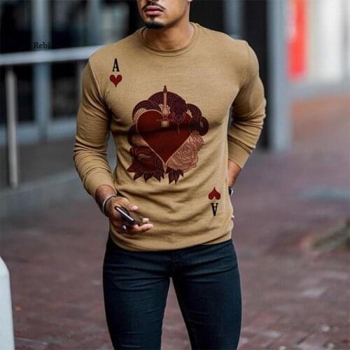 Spring Autumn Mens Sweatshirt Fashion Casual Long Sleeve V-Neck Tops Male Pullovers Poker Card Print Shirts Streetwear 3XL