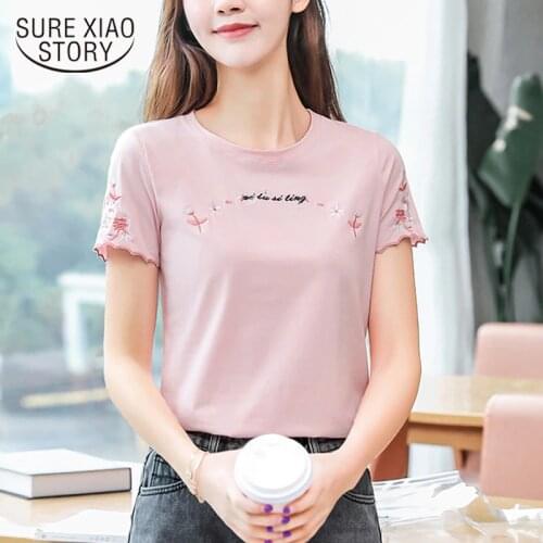 Summer Blouse Women 2020 Fashion Short Sleeve Round Neck Female Plus Size Letter Floral Embroidery Pink Fashion Clothing 8590 50