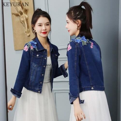 2020 Girl Sweet 3D Flower Embroidered Casual Denim Jacket Long Sleeve Spring Autumn Jeans Coat Womens Fashion Slim Top Outerwear