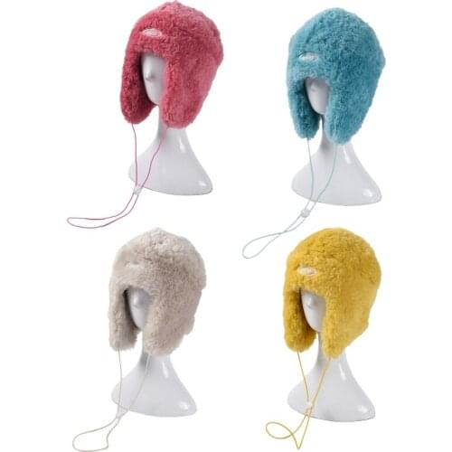 Women Winter Thick Fluffy Plush Earflap Cap with Chin Strap Solid Color Letters Logo Label Thermal Windproof Trapper Hat