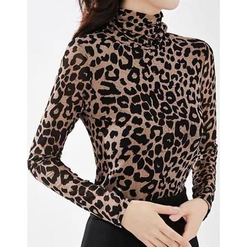 Women Blouses Autumn Leopard Blouse Sexy Women Turtle Neck Long Sleeve Leopard Print Autumn Basic Blouse T-shirt
