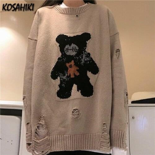 KOSAHIKI Hip Hop Knitwear Women Mens Sweaters 2021 Harajuku Fashion Cartoon Bear Loose Ripped Tops Casual Streetwear Pullover