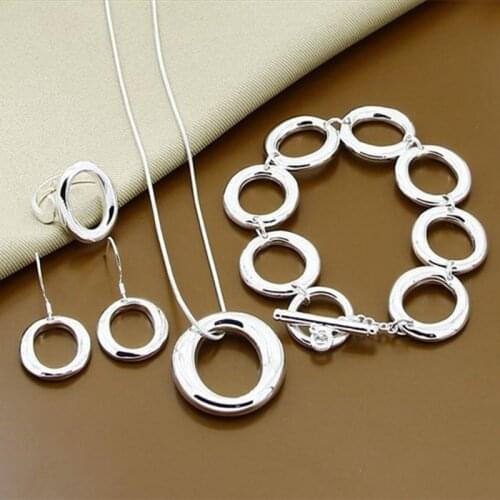 925 Sterling Silver Round Circle O Necklace Bracelet Earring Ring Set For Woman Wedding Engagement Fashion Jewelry Gift