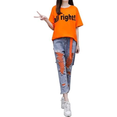 Women Spring Summer Cotton Casual Two-piece Fashion Letter Print T-shirt + Hole Denim Pant 2Piece Set Female Plus size suit 6XL