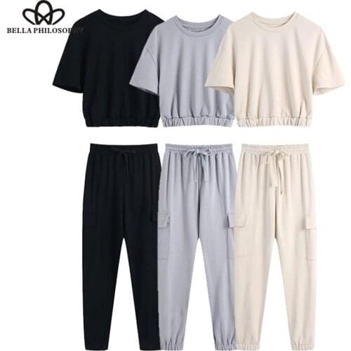Bella Philosophy Women Fashion Tracksuits Cropped Sweatshirt High Elastic Waist Drawstring Cargo Pants Side Pockets Chic Sets