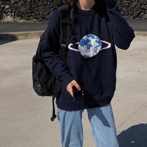 Embroidery O-Neck Casual Knitted Pullovers Women Preppy Long Sleeve Pattern Warm Lazy Autumn Winter Sweater Korean Loose W122