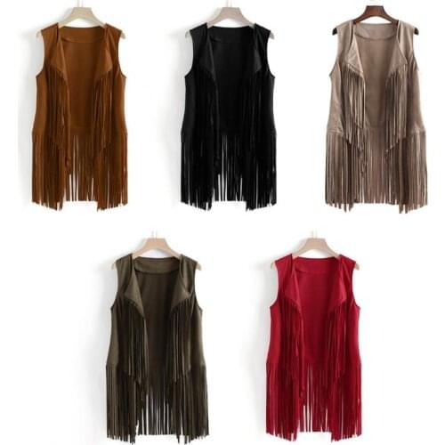 1 Pc Women Vest Sleeveless Leather Motorcycle Vest Tops Autumn Winter Imitation Ethnic Suede Tassels Hot Sale Fringed Vest 2020