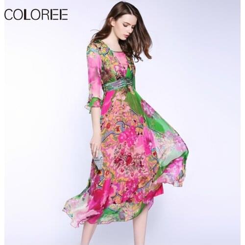 100% Natural Silk Dresses 2019 Womens High Quality Half Sleeve Floral Print Bohemian Summer Beach Dress Female Vestidos