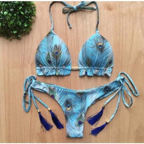 Girls tassels brazilian bikini ties halter swimwear peacock print biquini strappy swimsuit beach wear bathing suit women