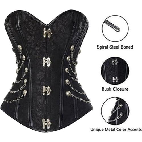 Black brown leather corset steel bone spiral tops chain gothic pirate vintage Fashion steampunk corsets and bustiers plus size