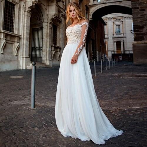 Elegant Scoop Neck Chiffon Sweep Train Appliques Long Sleeve Wedding Gowns ZIpper Back A-Line Bridal Gowns 2021 Robe De Mariée