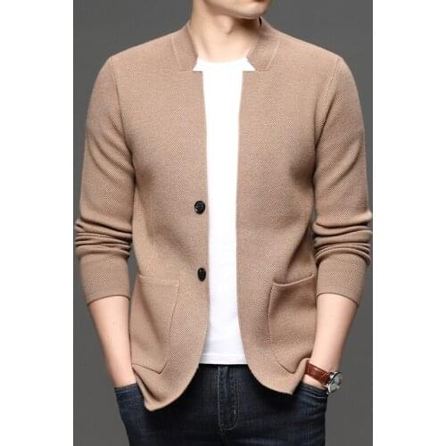 Elegant Solid Turn Down Collar Cardigan Men Sigle Breasted Sim Fit Long Sleeve Cardigan Sweater Men Fashion Top Cardigan