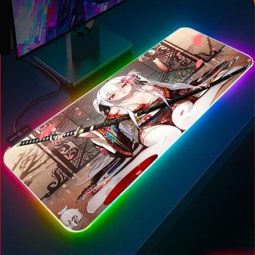 Anime Black Magic Girl Mousepad RGB Sexy Girl with Lock Luminous LED Laptop Gamer Anti-slip Mat XXL Keyboard Carpet Mat Desk Mat