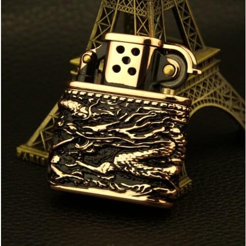 Creative Cool Dragon Pure Copper Carving Old-Fashioned Grinding Wheel Kerosene Machine Flint Windproof Hqd Smoking Lighter