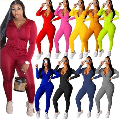 2021 Spring Fashion Tracksuit Women Jogging Solid Color Zipper Hoodies Plus Size Two Piece Pants Set Sportswear