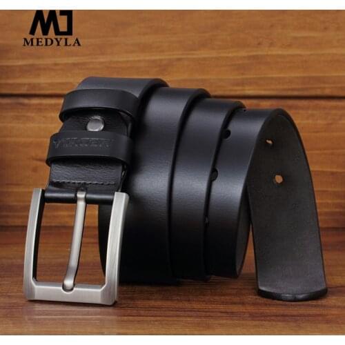 MEDYLA Fashion Classic Genuine Leather Men Belt Alloy Pin Buckle Cow Leather Luxury Strap Belt for Men High Quality SM10