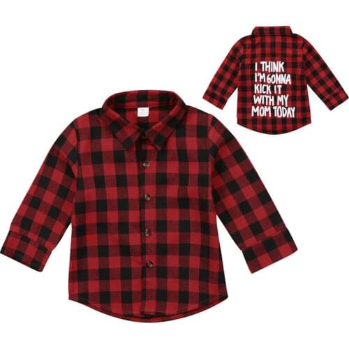 New Fashion Unisex Red Plaid Toddler Kids Baby Boy Girl Long Sleeve Check Back Letter Print Blouse T-shirt Tops Children Clothes