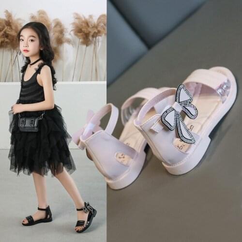 Children Princess PU Leather Sandals Fashion Rhinestone Butterfly Knot Kids Girls Roman Sandals Soft Sole Student Beach Sheos