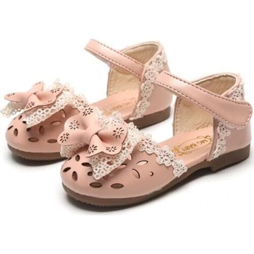 Girls Bowknot Sandals 2020 New Baby Princess Shoes Hollow Lace Soft Sole Shoes Pink White Wedding Shoe