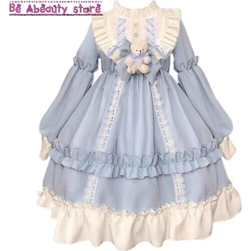 Ladies Skirt Cocktail Partywear Sweet Polyester Women Blue Japanese Style Puff Sleeves Lolita Bows Gothic Soft Daily Dress