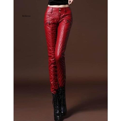 New Chic Winter Womens Faux Leather Slim Fit Pants Warm Trousers Leggings Skinny Pu Leather Women Pants Female Fashion Trousers
