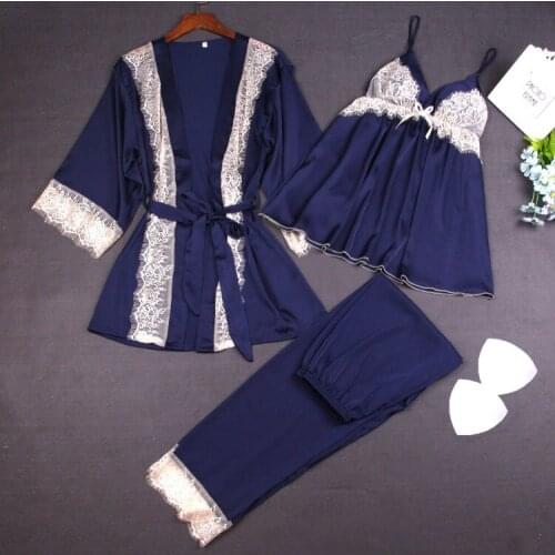 Brand Designer Women Pajama Sets Sexy 3 Pieces Pyjamas Long Pants Robe Set Pijama Feminino Satin Home Suit Sleepwear