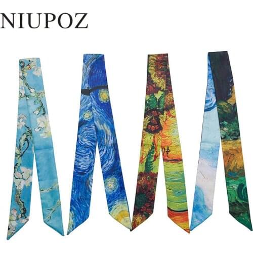 Van Gogh Starry Sky oil painting Bag Handbag Small Emulation Twill Silk Scarf Ribbon Women Tie Headband Neck Hair Fashion M302