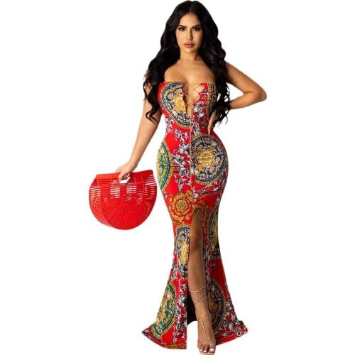 Hollow Out Lace Up Sleeveless Backless Dresses For Women Floral Print Strapless Night Club Party Dresses Women Evening Elegant