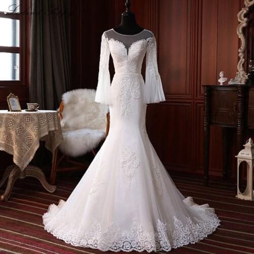 Lceland Poppy Mermaid Wedding Dresses 2020 Scoop Neck Long Sleeves Lace Appliques Beaded Vestido de novia Bridal Dress