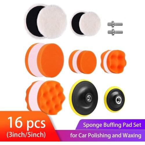5 Inch & 3 Inch Drill Buffing Sponge Pads Car Foam Woolen Polishing Pads Kit for Car Buffer Polisher Sanding Waxing 16pcs