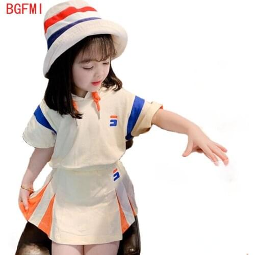 90% Cotton Summer New Childrens Clothing Girls Korean Hooded Pullover kid Sports Sets College Style Short Sleeve Top+ Skirt Set