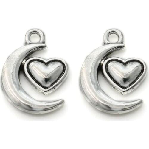 Antique Silver Plated Zinc Alloy Moon Heart Charm Pendant for Jewelry Making DIY Handmade Craft 17x14mm