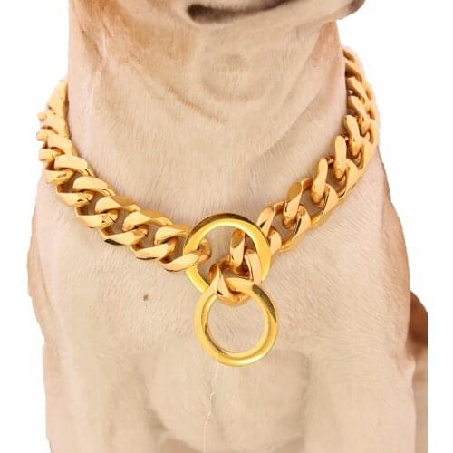 12-32 Inch Long 316L Stainless Steel Gold Tone Curb Cuban Link Chain Dog Pet Chain Collar Slip Dog Collar 17mm Wide