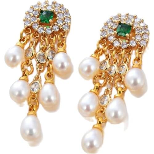 GG Jewelry Freshwater White Rice Pearl cz chain tassel Cubic Zirconia Pave Setting Stud Earrings luxury for wedding women
