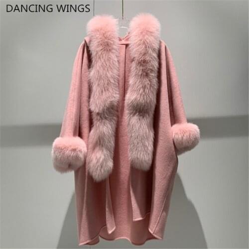 Hot Sale Cashmere Woolen Coat Natural Real Fox Fur Collar Casual Hooded Cardigan Women Wool Jacket Double-Sided