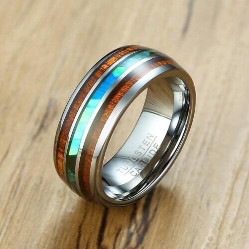 8mm Tungsten Carbide Rings Wedding Bands for Men Jewelry Hawaiian Koa Wood and Abalone Shell/Imitated Opal anel masculino