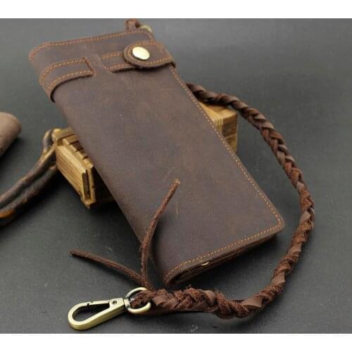 Cowhide Handmade crazy horse leather Biker Wallet Purse + Intertexture Chain