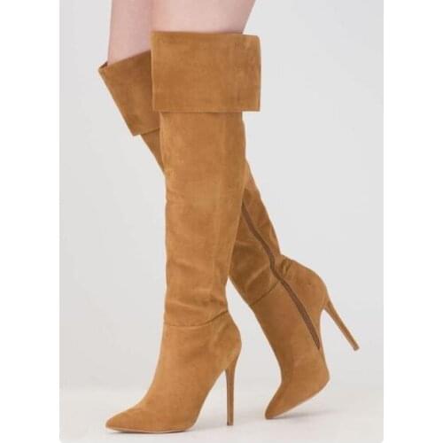 Hot Selling Bronw Suede Leather Over The Knee Thigh High Boots Pointed Toe Fold Over Winter Long Boots Pointed Toe Fashion Shoes