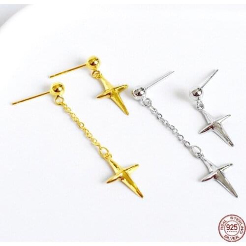 LKO 925 Sterling Silver Simplicity Cross Irregular Stud Earrings Fashion Personality Tassels Earrings for Women Ornaments