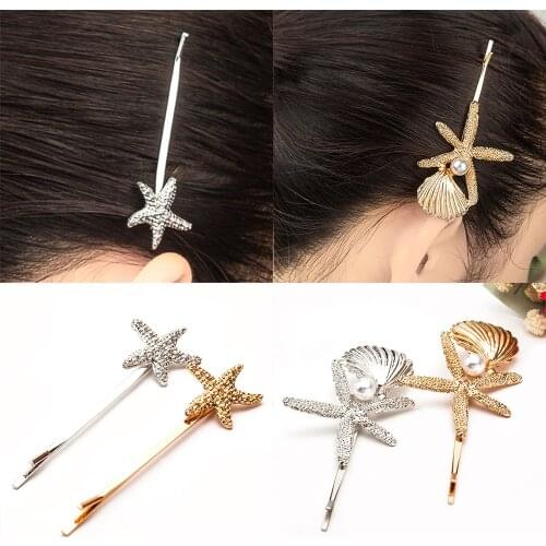 Starfish Shell Pearl Hairpins Gold Silver Fashion Hair Clips Barrettes Women Girls Headwear Hair Accessories